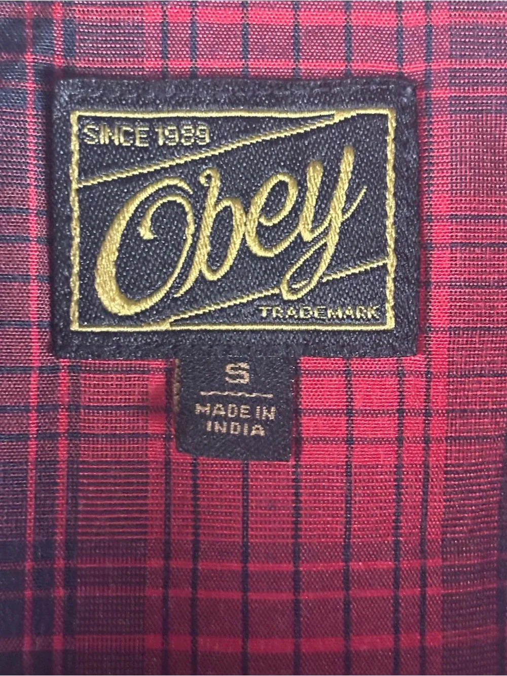 Vintage Obey Men’s Red and Black Short Sleeve Plaid Button-Up Shirt